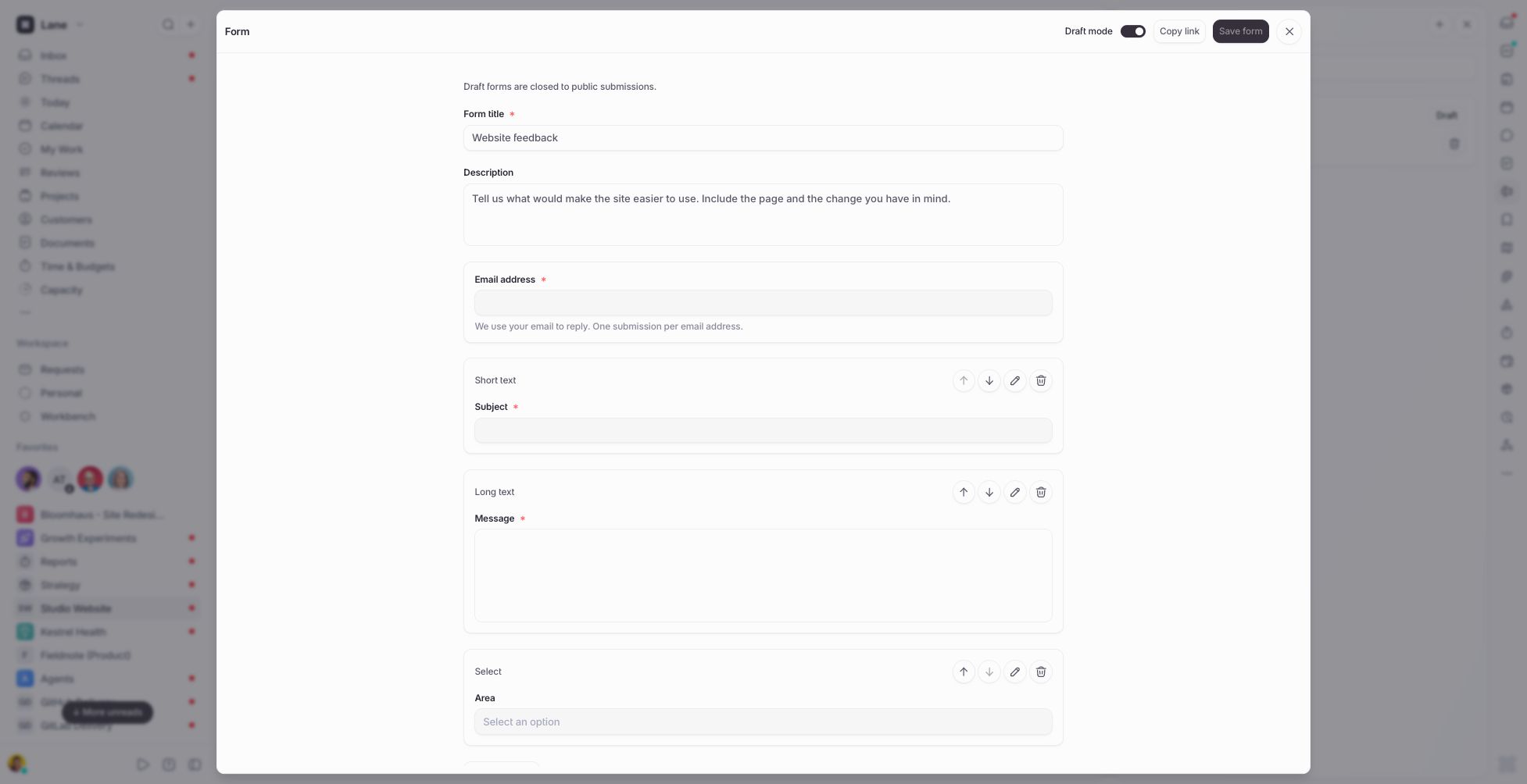 The Website feedback form editor with required Subject and Message fields and an optional Area selector.