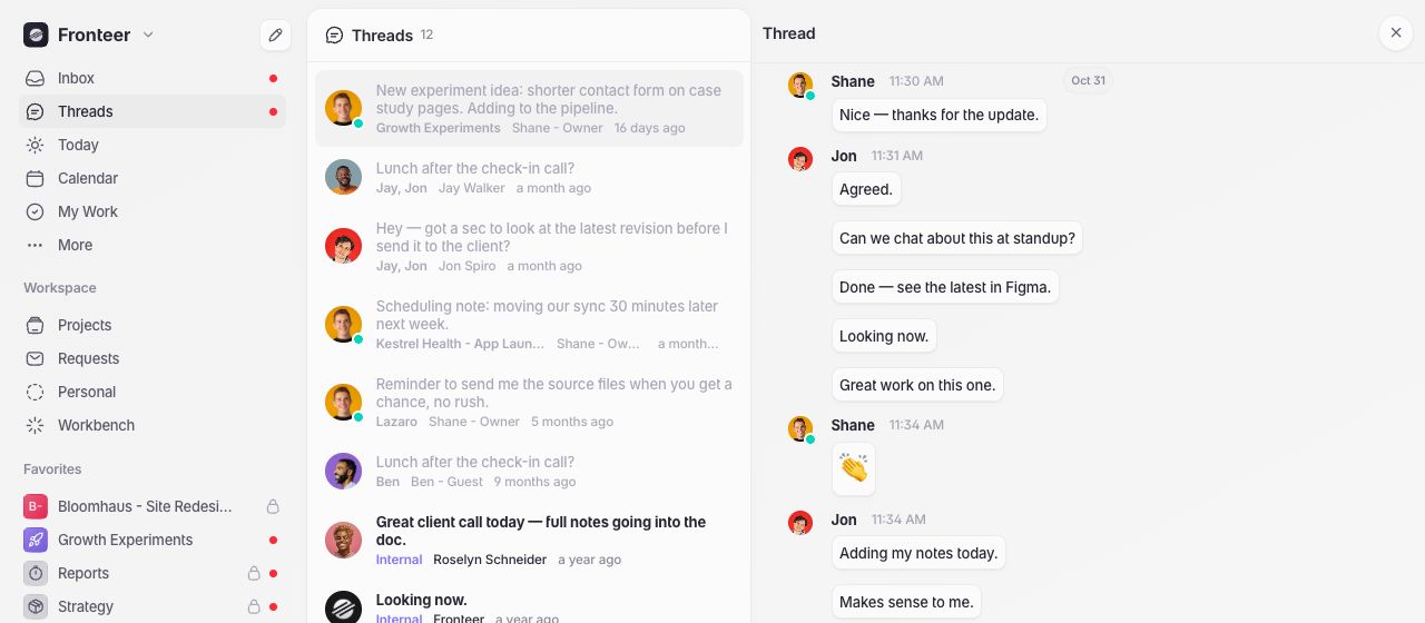 The Threads view showing conversations from across the workspace and an open thread