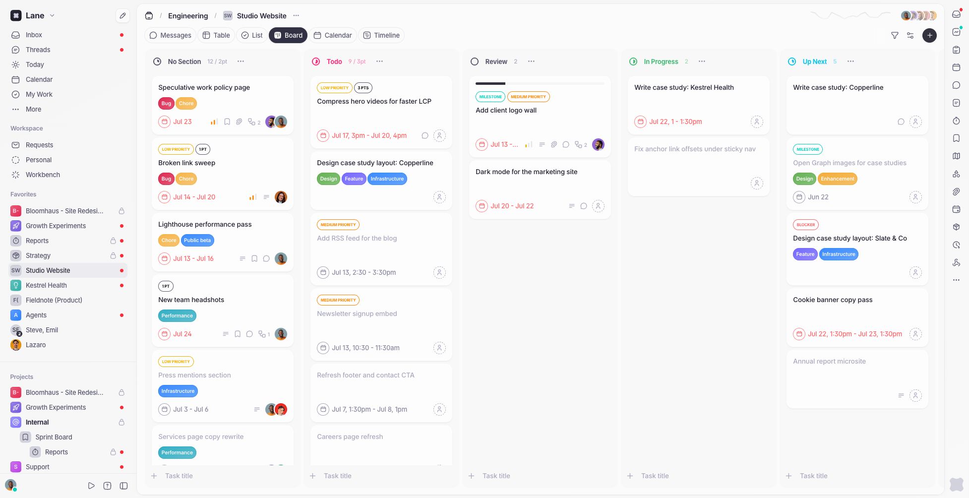 A project board in Lane with work organised into stages